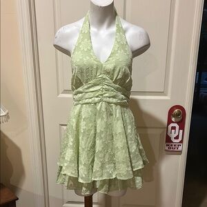 Green Halter Dress with Floral Pattern
